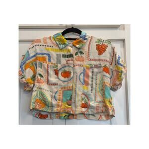 April Kiss Mediterranean Fruit Print Cropped Button Shirt Women’s SM Linen Blend